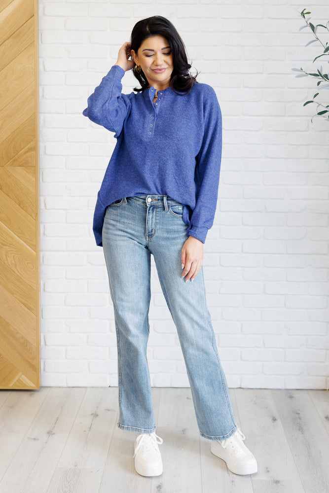 Keeping it Real Brushed Melange Hacci Long Sleeve Tee in Bright Blue