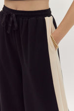 Solid Ribbed Contrast Trim Wide Leg Pants in Black